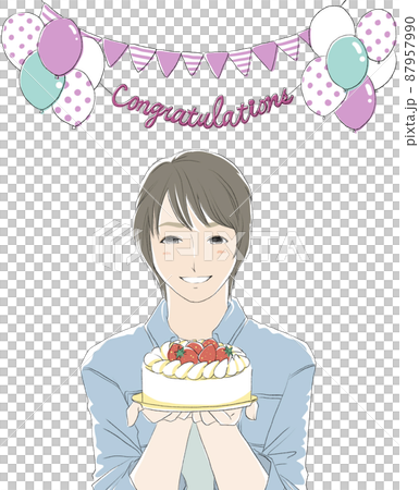 お祝いをするケーキを持った男性のイラスト素材