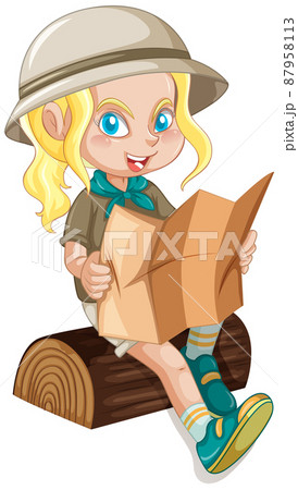 Little girl on log reading a map 87958113