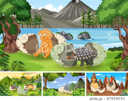 Scene with many dinosaurs in the forest 87958554