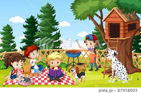 Scene of backyard with kids and fence 87958603