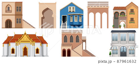 Different designs of buildings on white background 87961632