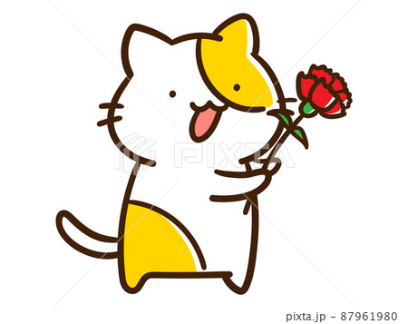 カーネーションをあげるかわいいねこの手書き風イラスト 87961980