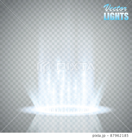 Magic fantasy portal. Futuristic teleport. Light effect. Blue candles rays of a night scene with sparks on a transparent background. Empty light effect of the podium. Disco club dancefloor. 87962185