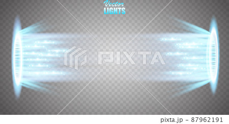 Magic fantasy portal. Futuristic teleport. Light effect. Blue candles rays of a night scene with sparks on a transparent background. Empty light effect of the podium. Disco club dancefloor. 87962191