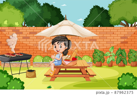 Scene of backyard with kid and barbecue 87962375