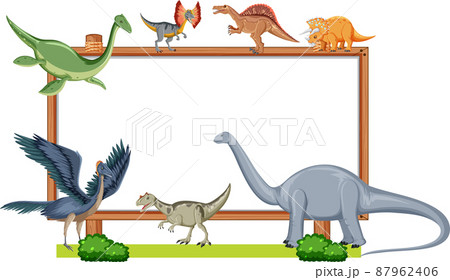 Group of dinosaurs around board on white background 87962406