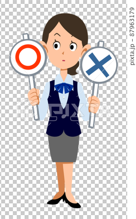 A female employee wearing a uniform wears a correct answer and a wrong answer 87963179