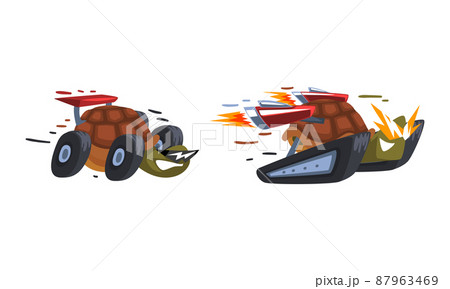 Funny fast turtles set. Tortoise on wheels cartoon vector illustration 87963469