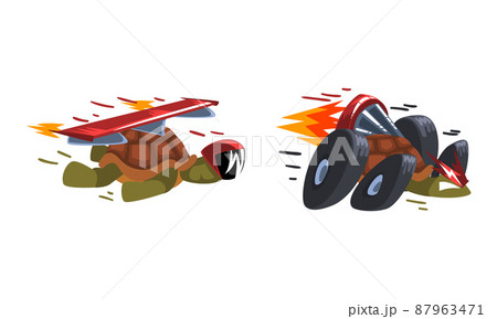 Fast turtles set. Funny tortoise with flaming turbo speed booster cartoon vector illustration 87963471