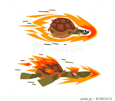Fast turtles in flame set. Funny racing tortoise cartoon vector illustration 87963472