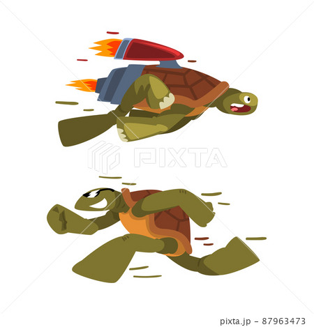 Fast turtles set. Funny tortoise with jet engine cartoon vector illustration 87963473