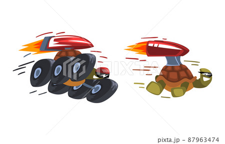 Fast turtles set. Funny tortoise with turbo speed booster cartoon vector illustration 87963474