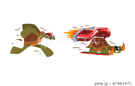Fast funny turtles set. Funny tortoise running and skiing with turbo speed booster cartoon vector illustration 87963475
