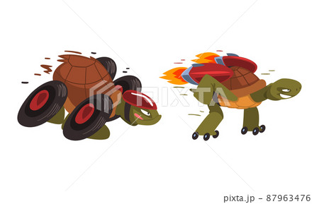 Funny fast turtles on wheels cartoon vector illustration 87963476
