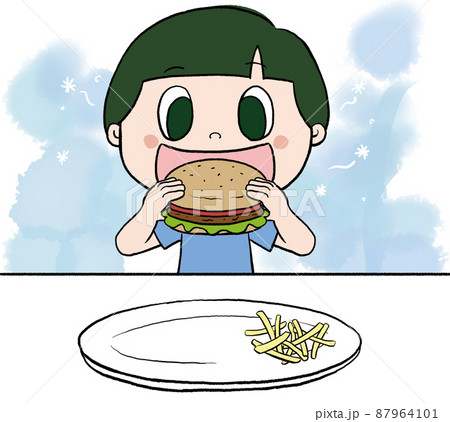 ハンバーガーを食べる男の子のイラスト素材