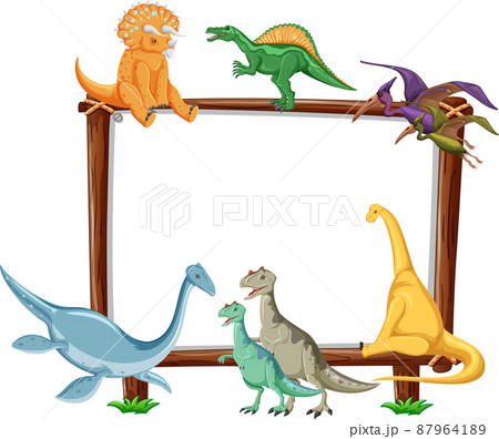 Group of dinosaurs around board on white background Group of dinosaurs around board on white background 87964189