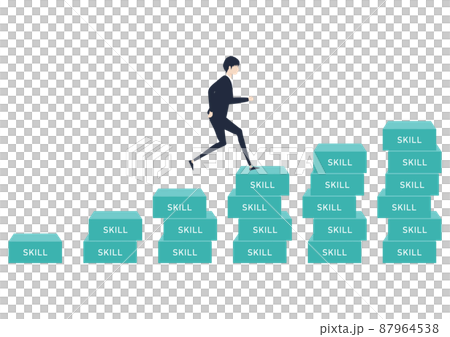 Illustration material of a young Japanese man climbing stairs, improving skills, improving career, stepping up, increasing annual income 87964538