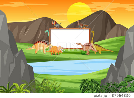 Scene with dinosaurs and whiteboard in the forestのイラスト素材 [87964830] - PIXTA