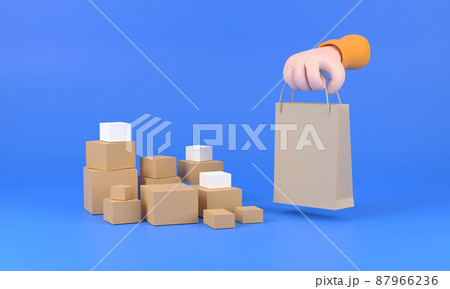 hand holding brown paper bag isolated on blue background. 87966236