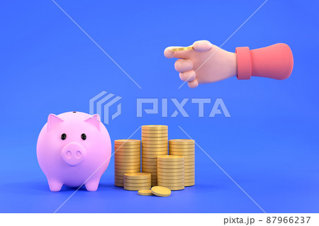 Hand putting a coin into pink piggy bank and stacking coin for saving concept. Hand putting a coin into pink piggy bank and stacking coin for saving concept. 87966237