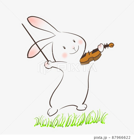 うさぎがうれしそうにバイオリンを弾いているイラストのイラスト素材