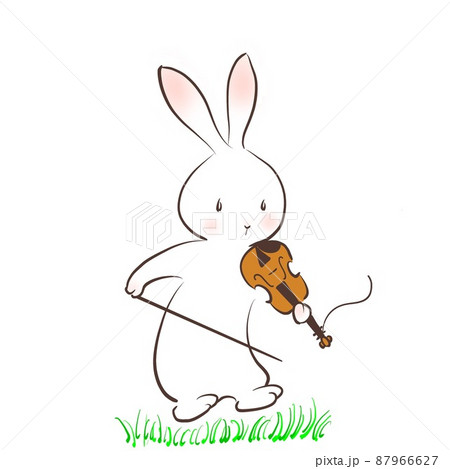 突然バイオリンの弦が切れて驚いているウサギのイラストのイラスト素材