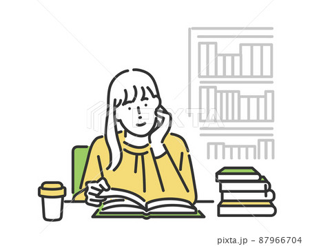 図書館で本を読む女性のイメージイラスト素材 87966704