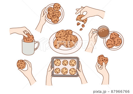 Set of people eating chocolate chip cookies Set of people eating chocolate chip cookies 87966766