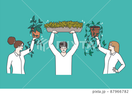 Smiling employee decorate office with green plants 87966782