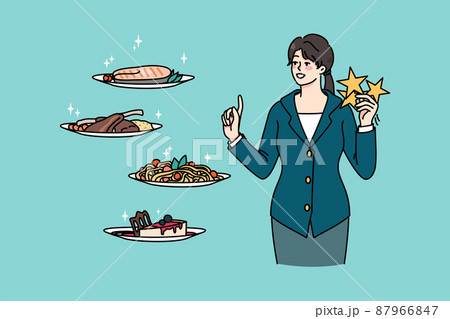 Smiling woman client rate dishes in restaurant 87966847
