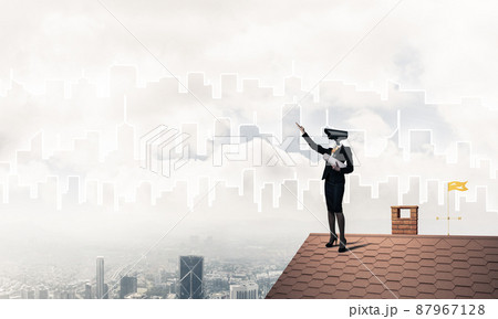 Concept of home security and privacy protection with camera headed woman Concept of home security and privacy protection with camera headed woman 87967128