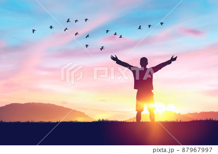 Man rising hands and birds flying on sunset sky at nature field abstract background. 87967997