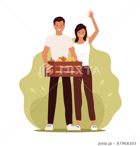 Illustration of man and woman with apple harvest 87968303