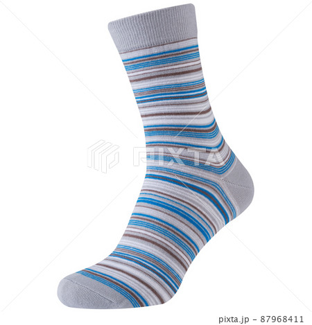voluminous light gray sock in white and cyan stripes of different thicknesses, located toe forward, on a white background voluminous light gray sock in white and cyan stripes of different thicknesses, located toe forward, on a white background 87968411