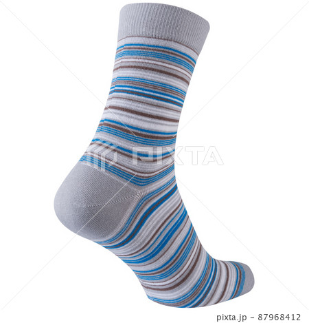 voluminous light gray sock in white and cyan stripes of different thicknesses, located with a solder in front, on a white background voluminous light gray sock in white and cyan stripes of different thicknesses, located with a solder in front, on a white background 87968412