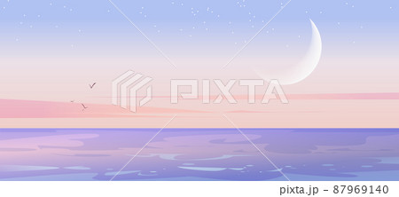Sea landscape with moon and stars in sky Sea landscape with moon and stars in sky 87969140