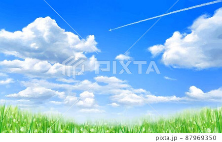 雲のある青空に飛行機雲の飛ぶ新緑の美しい草原の初夏フレーム背景素材のイラスト素材