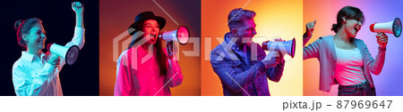 Collage with portraits of different multi ethnic male and female models on multicolored background in neon light. Concept of emotions, sales, news, ad Collage with portraits of different multi ethnic male and female models on multicolored background in neon light. Concept of emotions, sales, news, ad 87969647