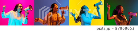 Collage with portraits of different multi ethnic female models on multicolored background in neon light. Concept of emotions, sales, news, ad 87969653
