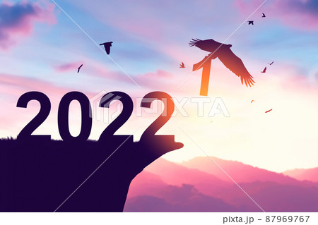 2022 new year concept with eagle bird flying away and holding number 1 on sunset sky background at top of mountain.  87969767