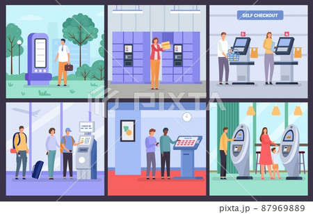 People use self service terminal to buy tickets at airport and cinema. Park information stand, cafe order kiosk and shop checkout vector set 87969889
