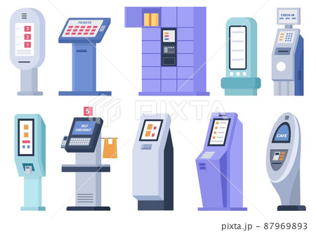 Flat self order terminals and kiosks with touchscreen display. Digital interactive service board for tickets, atm and checkout vector set 87969893
