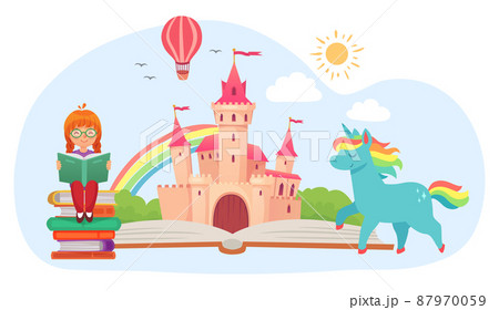 Cute little kid girl read book. Open fairy tale book with medieval kingdom and fictional characters as unicorn 87970059