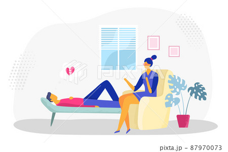 Psychotherapy session. Man lying on sofa in depression with broken heart. Female psychologist providing support Psychotherapy session. Man lying on sofa in depression with broken heart. Female psychologist providing support 87970073