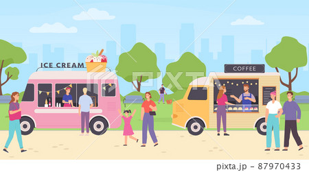 Kiosk vendor. Street food market with trucks selling bakery, coffee drinks and ice cream. People walking in park and buying snacks 87970433
