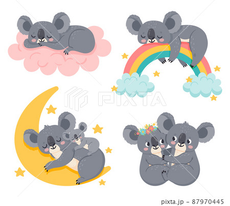 Cute cartoon koalas. Adorable animals sleeping on fluffy pink cloud, rainbow. Mother and kid relaxing and dreaming 87970445