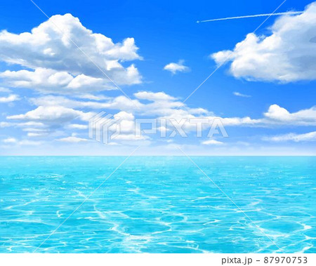 飛行機雲の飛ぶ入道雲の青い空と海のゆらめく波の夏イメージの美しい