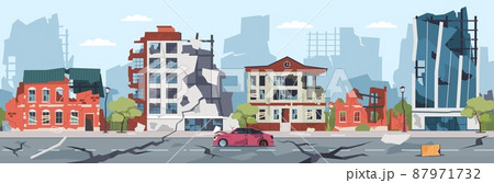 Natural disaster city illustration. Earthquake destruction. Cityscape with cracked roads and destroyed houses. Urban ruined landscape. Damaged buildings and broken car. Vector concept 87971732