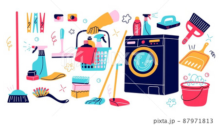 Cartoon cleaning supplies. Different household goods. Washer and buckets with mops. Detergent chemicals and sponges. Housekeeper hand with basket. Scoop and broom. Vector cleanup tools set Cartoon cleaning supplies. Different household goods. Washer and buckets with mops. Detergent chemicals and sponges. Housekeeper hand with basket. Scoop and broom. Vector cleanup tools set 87971813