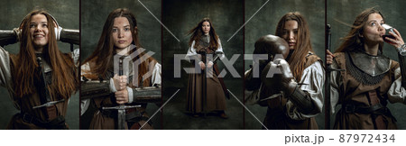 Photoset made of vintage portraits of young woman, medieval female warrior or knight with dirty wounded face looking at camera isolated over dark retro background. 87972434